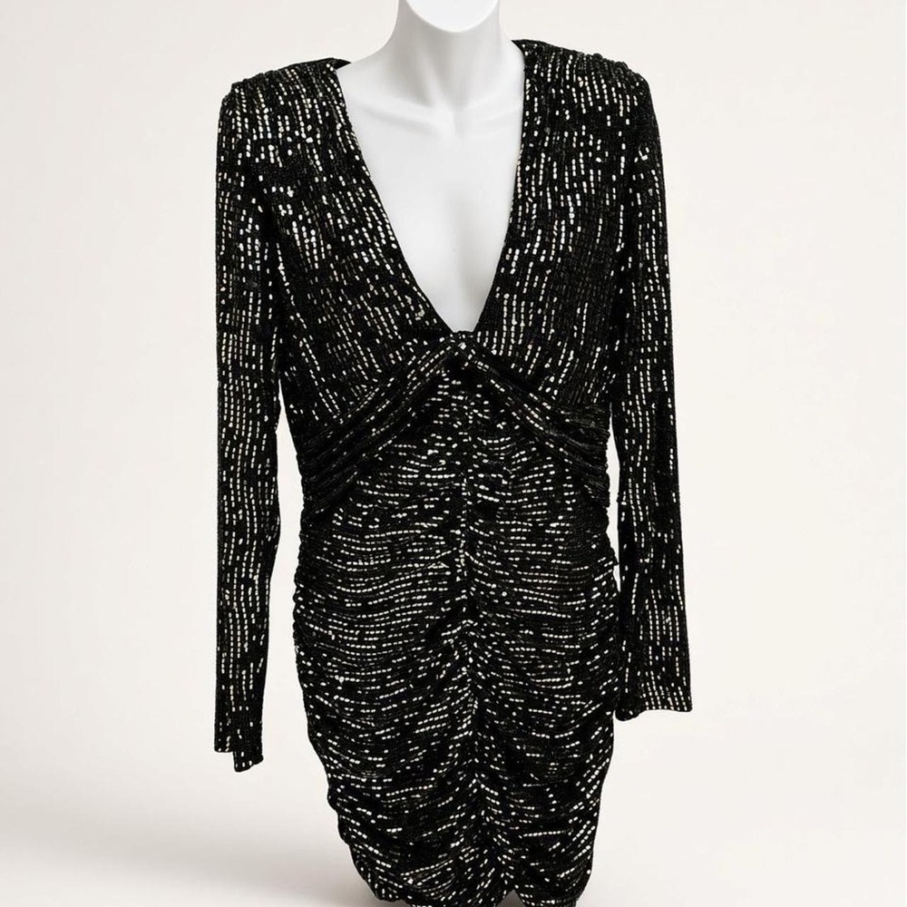 Aqua Black Sequin Ruched Mini Dress